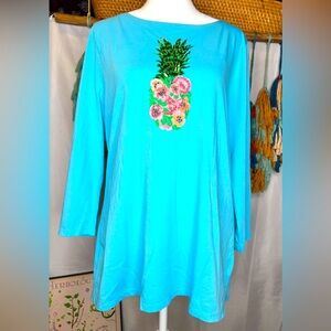 Talbots Pineapple Long Sleeve T-Shirt Blue Women’s Size Medium Sequined Beaded